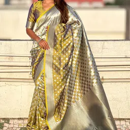 All About You Women Olive Woven Design Zari Silk Blend Banarasi Saree-picture-18