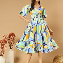 OTABU Floral Print Flared Sleeve Crepe A-Line Midi Dress-image-64