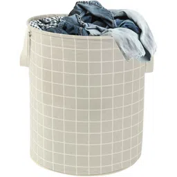 Aura Grey & White Checked Cotton Foldable Laundry Bag With Handle - 60 L-22