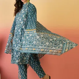 Sangria Blue Floral Printed Pure Cotton A-Line Kurta With Trouser And Dupatta-picture-44