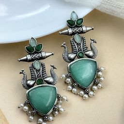 NAMAN ARTS Silver-Plated Artificial Stones Studded Contemporary Oxidised Drop Earrings-6