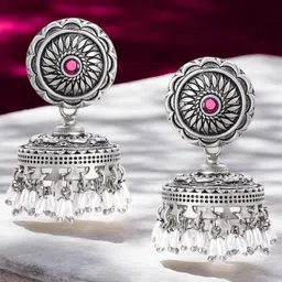 Sangria Artificial Stones Studded & Beads Beaded Oxidised Dome Shaped Jhumkas-39