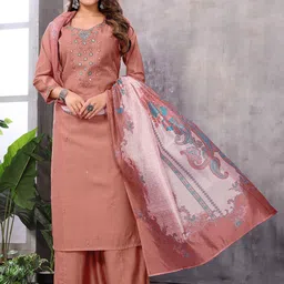 SUNDARNAARI Floral Embroidered Thread Work Kurta with Palazzo & Dupatta-55