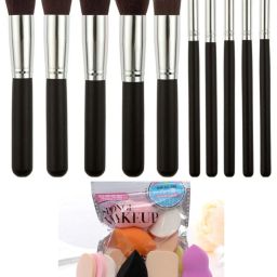10 Piece Premium Makeup Brush Set , Black + 6 Piece Makeup Sponges-10