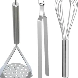 Stainless Steel Potato Masher & Chimta & Egg Whisk Kitchen Tool Set-image-3