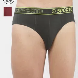 SPORTO Men Pack Of 2 Olive & Maroon Solid Basic Briefs-image-76