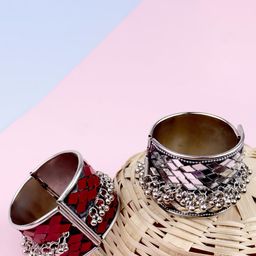 Krelin Women Pack of 2 Red & Silver-Toned Sterling Silver Silver-Plated Cuff Bracelet-image-51
