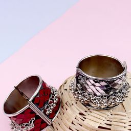 VAGHBHATT Pack of 2 Silver Oxidised Cuff Bracelet-image-70