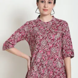WELL KEPT Floral Print Mandarin Collar Roll-Up Sleeves Organic Cotton Top-image-26