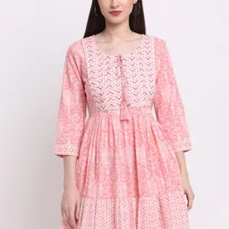 Shedika Ethnic Motifs Printed Tie-Up Neck Fit & Flare Cotton Ethnic Dress-picture-20