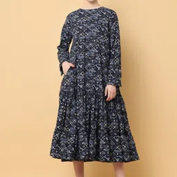 BLACK & BLAH BLAH Ethnic Motifs Printed Gathered Relaxed Fit A-Line Midi Ethnic Dress-image-22