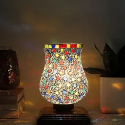 Devansh White & Red Printed Wooden Square Table Lamp With Mosaic Glass-66