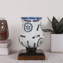 Devansh White & Blue Printed Wooden Square Table Lamp With Mosaic Glass-61