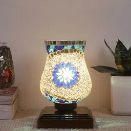 Devansh White & Blue Mosaic Design Glass Shade Table Lamp-picture-55