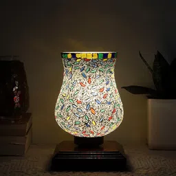 Devansh White & Red Printed Wooden Square Table Lamp With Mosaic Glass-64