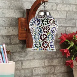 Devansh Brown Textured Wooden Wall Lamps With Mosaic Glass-image-88