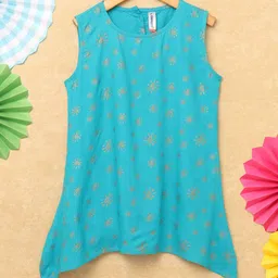 KiddoPanti Girls Ethnic Motifs Printed Asymmetric Kurta-image-93