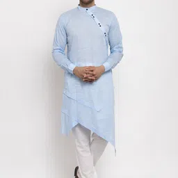 KLOTTHE Men Blue Embroidered Thread Work Asymmetric Kurta-image-79