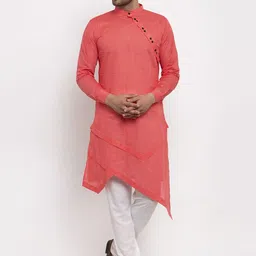 KLOTTHE Men Peach-Coloured Thread Work Asymmetric Kurta-picture-11