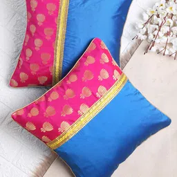 SAKA DESIGNS Magenta & Blue Set of 2 Ethnic Motifs Square Cushion Covers-31