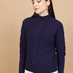 Tokyo Talkies Navy Blue Cable Knit Self Design High Neck Acrylic Pullover Sweater-image-93