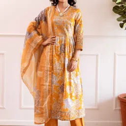 KALINI Women Floral Printed Regular Mirror Work Pure Cotton Kurta with Trousers & With Dupatta-17