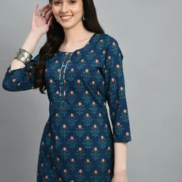 KALINI Blue & Orange Floral Printed Cotton Straight Kurti-25