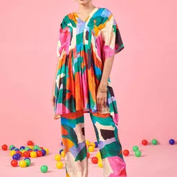 KARAJ JAIPUR Abstract Printed V-Neck Extended Sleeves Kaftan Tunic With Trousers image 1
