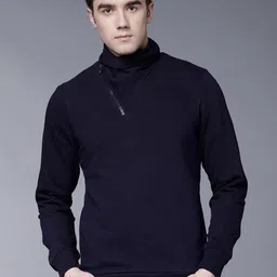 HIGHLANDER Men Solid Mock Collar Leather Front-Open Sweatshirt-picture-5