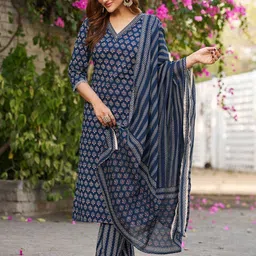 VIBE VISION Floral Printed Pure Cotton V-Neck Straight Kurta With Trousers & Dupatta-28
