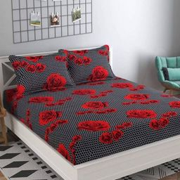 Aura Black & Red Floral 144 TC King Bedsheet with 2 Pillow Covers-image-65