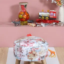 Shadowkart White & Blue Printed Wooden Pouffe Ottoman-40