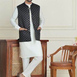 Anouk White Band Collar Straight Kurta With Trousers And Nehru Jacket-picture-39