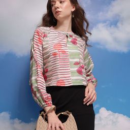 CORSICA Geometric Floral Print Keyhole Neck Top-image-28