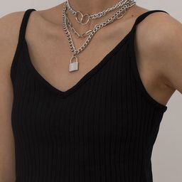 Arzonai Women Chain Type Layered Necklace With Lock Pendant-picture-32
