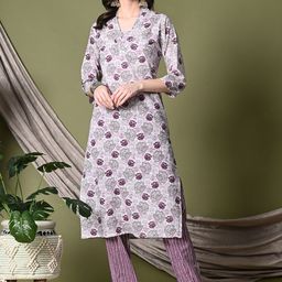 KAMODIAZ Floral Printed V-Neck Straight Kurta With Trousers-image-84