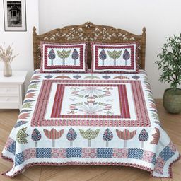 Desi Mantra Red & Blue Floral Printed 120 TC Queen Bedsheet Set 2.29 m x 2.77 m-image-82