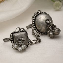 Moedbuille Silver Plated Oxidised Ghungroo Studded Connected Finger Ring-image-89