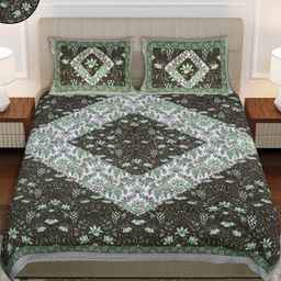 Myntra Elegant Homes Green & White Floral 144 TC Queen Bedsheet with 2 Pillow Covers-23