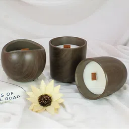 TIED RIBBONS Brown & White 3 Pieces Sandalwood Scented 14-16 Hour Burn Time Jar Candles-17
