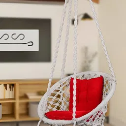 Swingzy White & Red Textured Round Cotton Hammock Swing With Cushion Set-10