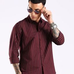 HERE&NOW Men Slim Fit Vertical Striped Button-Down Collar Cotton Casual Shirt-picture-34