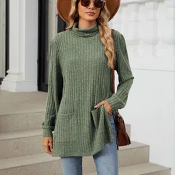HERE&NOW Women Green Solid Long Sleeves Sweaters-picture-2