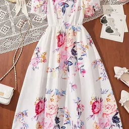 White World Kids-Girls Floral Printed Puff Sleeves Fit & Flare Maxi Dress-image-42