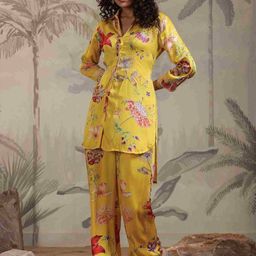 Aralia Floral Printed Satin Shirt Collar Tunic with Trousers Co-Ords-picture-0