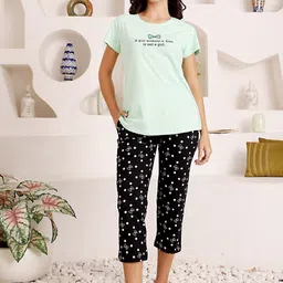 Bodycare Women Graphic Printed Pure Cotton T-shirt & Capri Night suit-picture-10