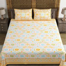 Sangria Yellow & White Geometric Pure Cotton 210TC Double King Bedsheet Set-2.74mx2.28m-image-88
