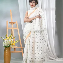 TANTLOOM Ethnic Motifs Zari Pure Cotton Taant Saree-image-87