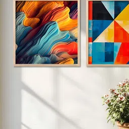 Kotart Brown & Blue 2 Pieces Wood Abstract Printed Wall Arts-image-61