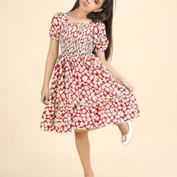 PTVIZE Floral Print Puff Sleeve Fit & Flare Dress-24